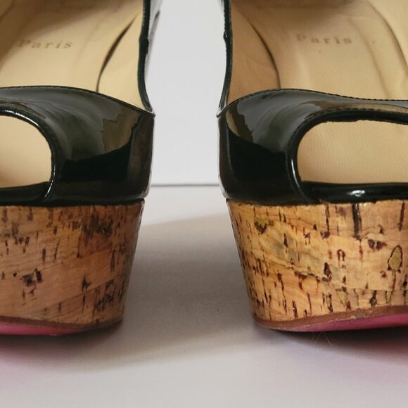 Christian Louboutin Black Patent Leather Peep Toe Cork Sole Platform Wedges - Picture 9 of 14
